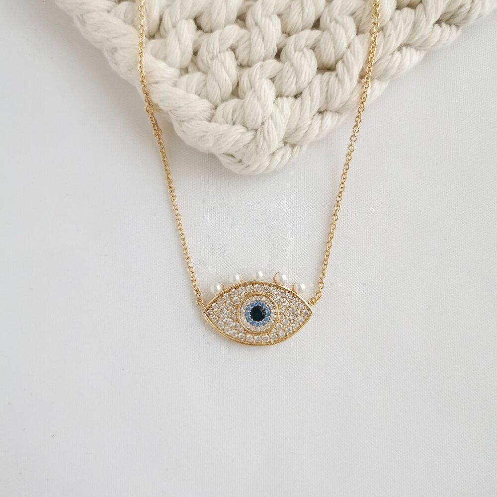 Alicia Bonnie Sophia Evil Eye - Gold Zirconia & Pearl Eye Pendant Necklace